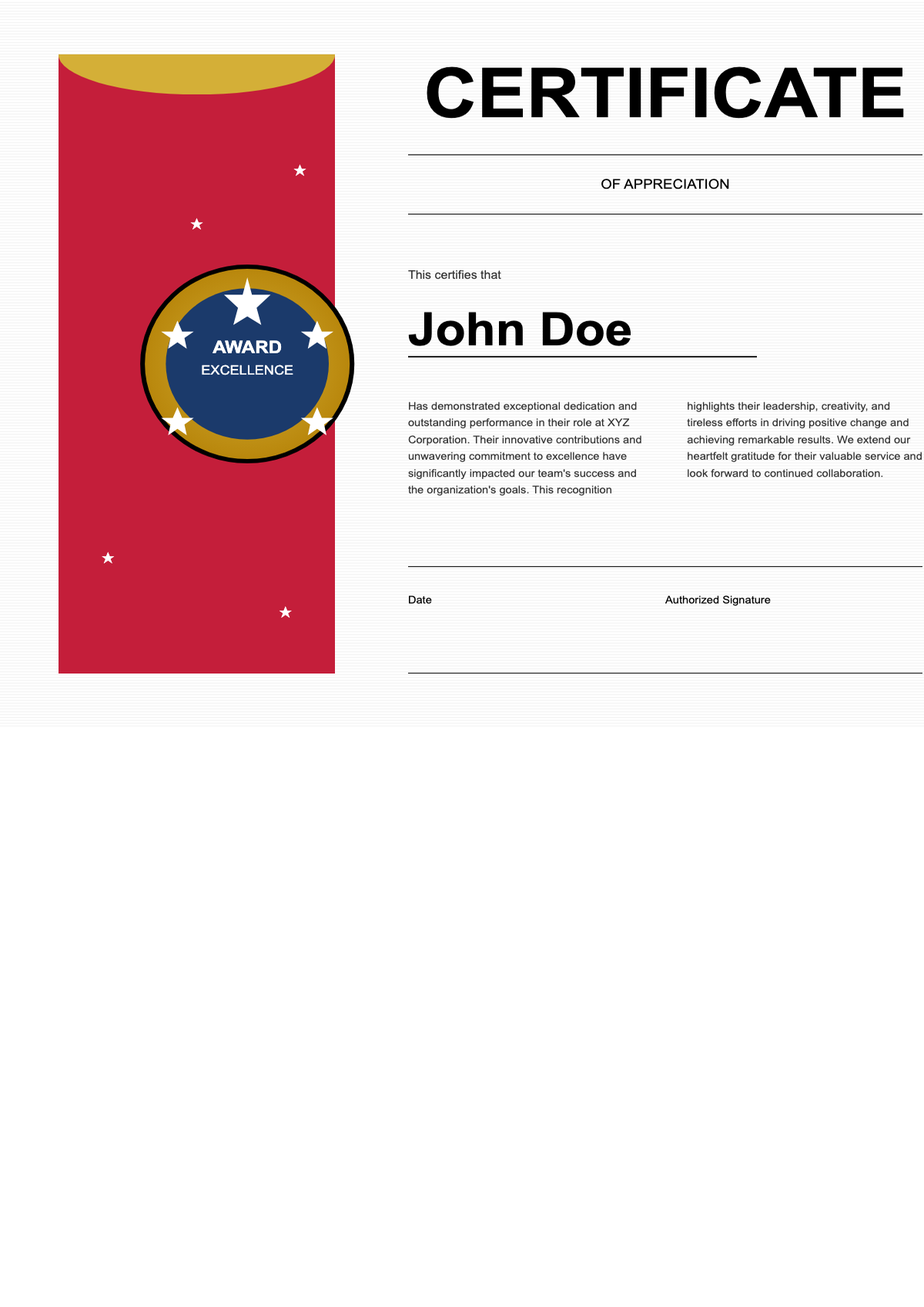 Elegant certificate of appreciation with red gold design and best award seal_variant_3